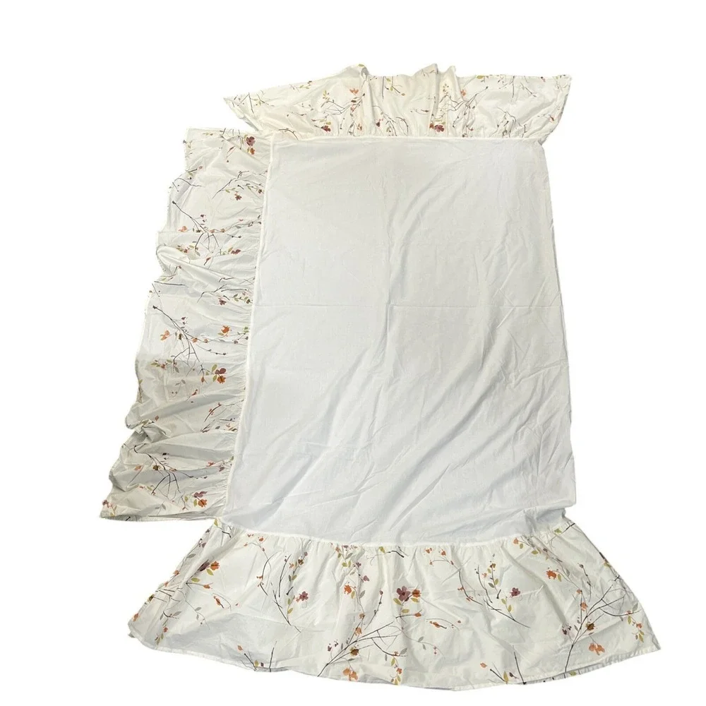 Crate & Barrel Queen Sakura Duvet & Bed Skirt Set White Earthy Botanical Print